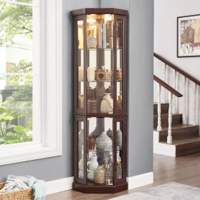 Corner Glass Cabinet Lighted Curio Cabinet Corner Display Case for Living Room, Curio Cabinet, Antique collection, Wine (Green_Purple: Cherry, Material: MDF+glass)