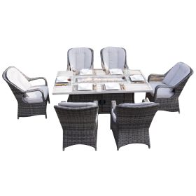 Direct Wicker Patio Fire Pit Dining Set 6-Seat Rectangular Aluminum Table with Rattan Chairs (Green_Purple: Gray)