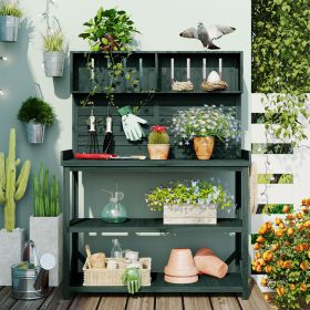 65" Large Wooden Farmhouse Rustic Outdoor Potting Bench Table; Patio Workstation; Garden Potting Bench with 4 Storage Shelves and Side Hook (Green_Purple: Forest Green)