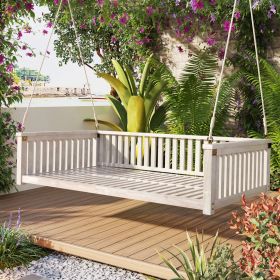 Patio Minimalist Twin Size Garden Swing Bed Wood Porch Swing with Ropes for Backyard, Safe Sloped Design (Green_Purple: White, Material: Acacia Wood)