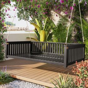 Patio Minimalist Twin Size Garden Swing Bed Wood Porch Swing with Ropes for Backyard, Safe Sloped Design (Green_Purple: Black, Material: Acacia Wood)