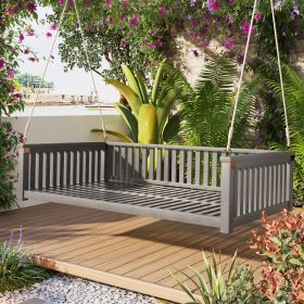 Patio Minimalist Twin Size Garden Swing Bed Wood Porch Swing with Ropes for Backyard, Safe Sloped Design (Green_Purple: Gray, Material: Acacia Wood)
