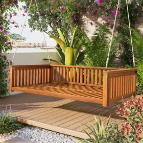 Patio Minimalist Twin Size Garden Swing Bed Wood Porch Swing with Ropes for Backyard, Safe Sloped Design (Green_Purple: Teak, Material: Acacia Wood)